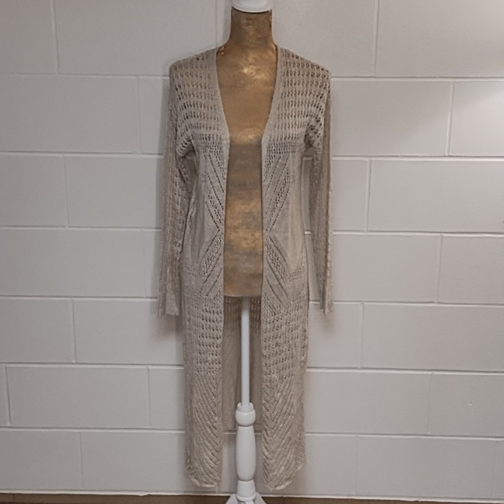 Moral Fiber Neutral Natural Crochet Knit Long Sleeve Open Front Long Cardigan